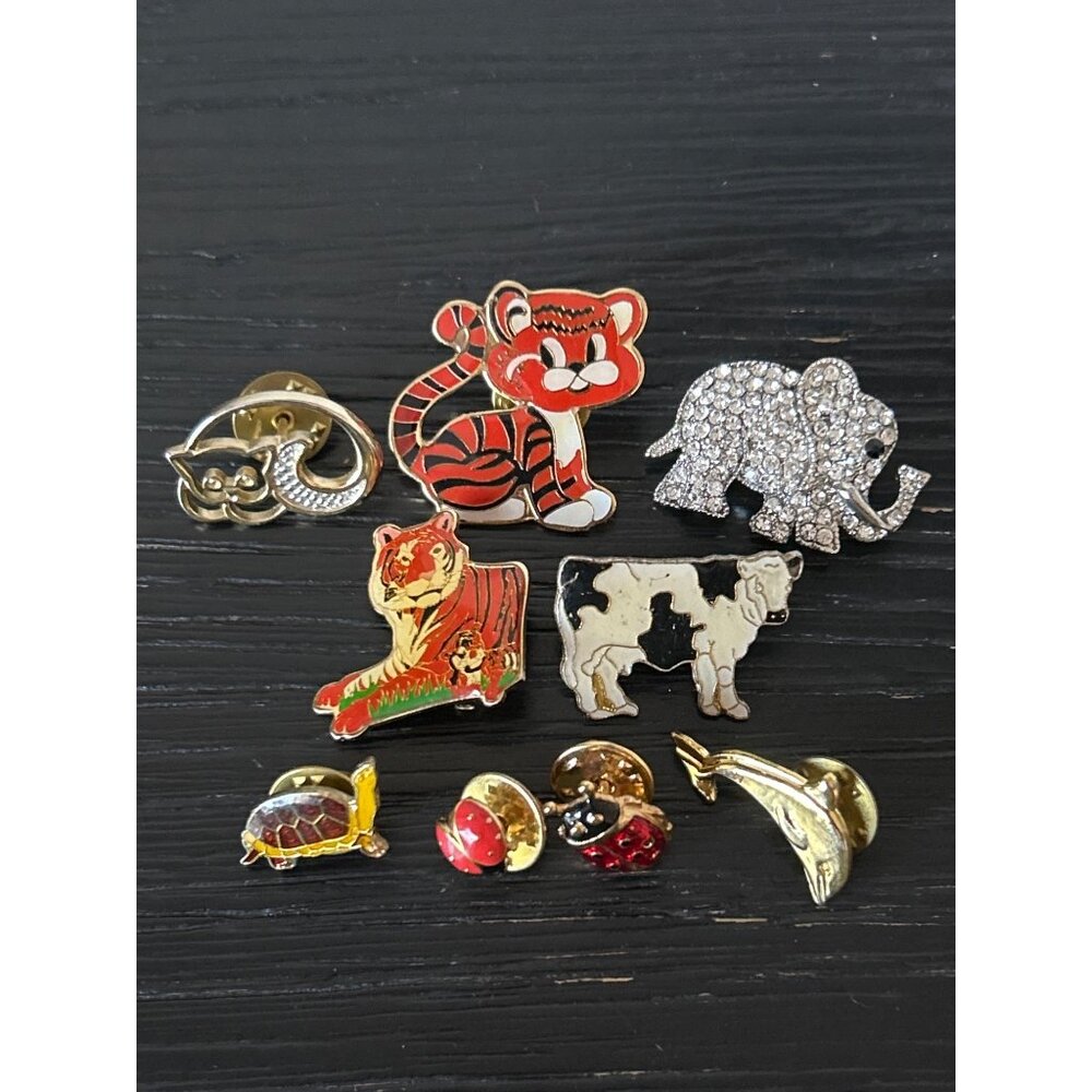 VTG Animal Lapel Pins Set-of-9 Cow Tiger Elephant Lady Bugs Dolphin Cat Avon